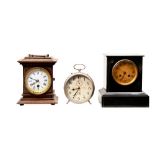 A VICTORIAN BLACK MARBLE MANTLE CLOCK with engraved brass dial, a ‘made-up’ wooden mantel clock with