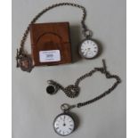 A SILVER POCKET WATCH WITH SILVER WATCH CHAIN AND SWIVEL and another silver pocket watch with a