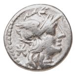 MINUCIA AR DENARIUS ROMAN REPUBLIC 134 BC, with head of Roma and the monuments outside the Pota