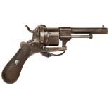 A 19TH CENTURY SIX SHOT PINFIRE REVOLVER the plain frame with side mounted extractor rod, swing-