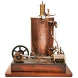 AN ENGINEERED MODEL OF A HORIZONTAL STEAM ENGINE with a centrifugal governor, tool rack and a