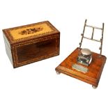 A VICTORIAN TUNBRIDGE WARE TEA CADDY with floral lid and a desk-top inkwell and pen stand with