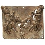 A NIGERIAN BENIN STYLE BRONZE PLAQUE depicting two mounted and warriors or kings and another warrior