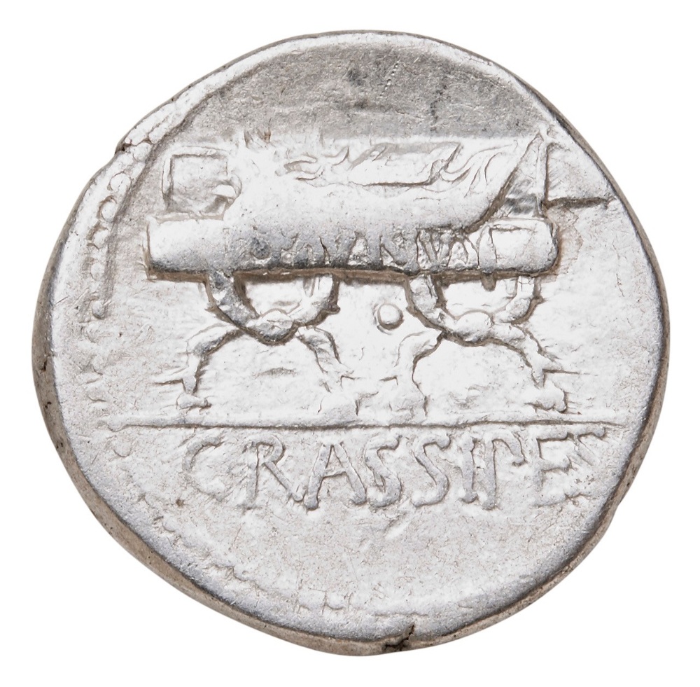 P. FURIUS CRASSIPES AR DENARIUS 84 BC, head of the City of Rome with Curule Chair obverse and - Image 2 of 2