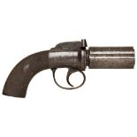 A SIX SHOT DOUBLE ACTION PEPPERBOX PERCUSSION REVOLVER the steel frame with nipple shield and