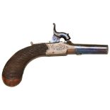 A SMALL PERCUSSION POCKET PISTOL with blued turn-off barrel, engraved brass frame, blued hammer