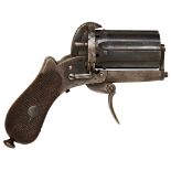 A SIX SHOT PINFIRE PEPPERBOX PISTOL with swing-out loading gate, folding trigger, chequered two