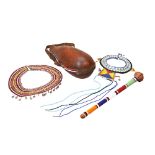A TANZANIAN MAASAI BEADWORK COLLAR another with symmetrical pendant and strings, a beaded rungu (