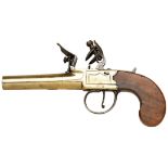 A BRASS FLINTLOCK POCKET PISTOL MARKED SPENCER LONDON with turn-off barrel, steel pan cover,  hammer