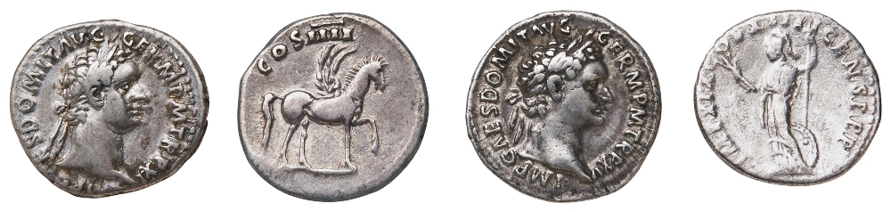 DOMITIAN AR DENARIUS 81-96AD Minerva standing with spear and shield , two others similar and a