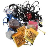 A QUANTITY OF GUITAR LEADS, PEDAL CONNECTORS assorted packets of guitars strings including 5