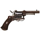 A 19TH CENTURY SIX SHOT PINFIRE REVOLVER the blued frame with side mounted extractor rod, swing-