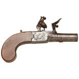 A FLINTLOCK POCKET PISTOL BY WOOD OF YORK with turn-off barrel, drop down trigger, the lock engraved