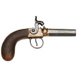 AN EARLY 19TH CENTURY PERCUSSION POCKET PISTOL with blued octagonal turn-off barrel, engraved