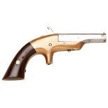 A MERWIN & BRAY .30 CAL SINGLE SHOT RIMFIRE PISTOL with brass frame and two piece wooden grip, the