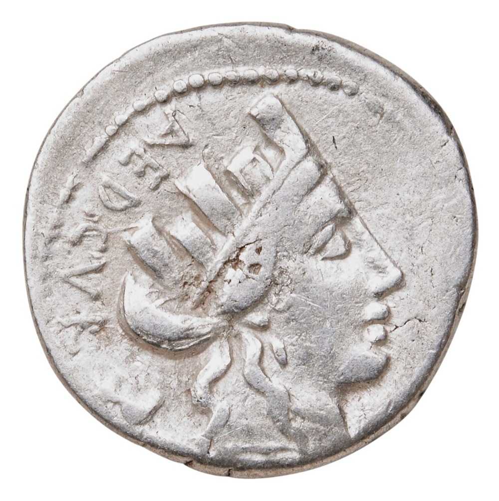P. FURIUS CRASSIPES AR DENARIUS 84 BC, head of the City of Rome with Curule Chair obverse and