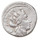 P. FURIUS CRASSIPES AR DENARIUS 84 BC, head of the City of Rome with Curule Chair obverse and