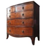 A GEORGE III MAHOGANY BOW FRONT CHEST OF DRAWERS, two short drawers over three long drawers, on