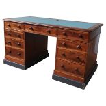 A 19TH CENTURY MAHOGANY KNEEHOLE WRITING DESK, the top section comprising of three frieze drawers,