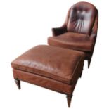 A MAHOGANY AND LEATHER ARMCHAIR & MATCHING FOOT STOOL, good distressed tan leather covering,