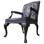A GEORGE III MAHOGANY 'GAINSBOROUGH' TYPE OPEN ARMCHAIR, the back, arm rests and seat covered in a
