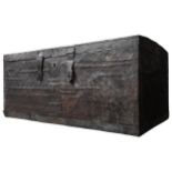 A 19TH CENTURY CONTINENTAL METAL COVERED PINE STORAGE TRUNK, the metal covering with a lattice