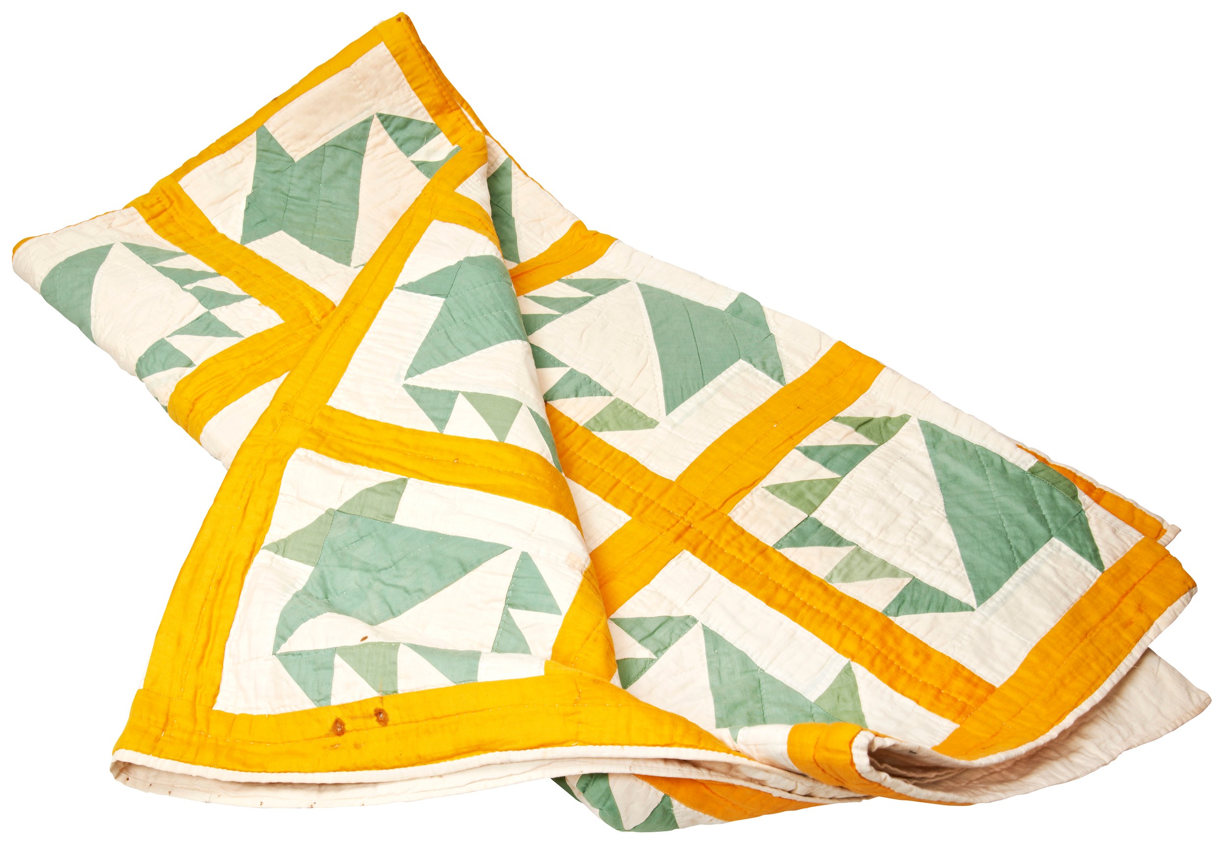 AN AMERICAN HANDMADE QUILT comprising 36 squares with broad yellow borders and stylised green