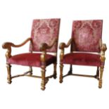 A PAIR OF 19TH CENTURY FRENCH GILT WOOD THRONE CHAIRS, with down swept scroll arms, square tapered