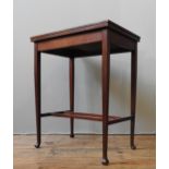 A LATE 19TH CENTURY MAHOGANY INLAID CARD TABLE, the swivel action folding top opens to reveal a
