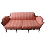A FRENCH LOUIS VX-STYLE SETTEE, covered in broad stripe foliate pattern damask material, on an