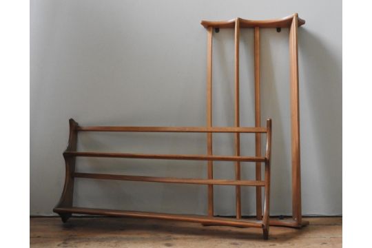 A PAIR OF ERCOL LIGHT ELM MID CENTURY THREE TIER WALL SHELVES, the shelves united by shaped panel - Image 2 of 2