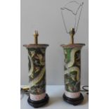A PAIR OF CHINESE SLEEVE VASES, converted to table lamps, the cylindrical vessels decorated with