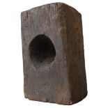 INDONESIAN WOODEN BLOCK MORTAR with singular circular aperture 57 H x 30 W x 35 D cms