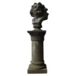 A RECONSTITUTED STONE BUST OF ZEUS ON CORINTHIAN STYLE PILLAR, good weathered aappearance, the