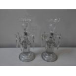 A PAIR OF SUBSTANTIAL 19TH CENTURY GLASS CANDLESTICKS, on cylindrical plinth bases, decorated with
