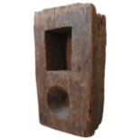 INDONESIAN WOODEN MORTAR with two square and circular compartments 70 H x 30 W x 46 D cms