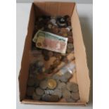 A COLLECTION OF MIXED COINAGE AND BANK NOTES, the lot also contains sovereign scales and a