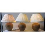 THREE LARGE CONTEMPORARY TABLE LAMPS, of baluster form, with varying mosaic style patination