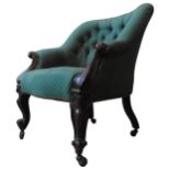 A 19TH CENTURY MAHOGANY NURSING CHAIR, with green button back upholstery