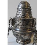 A RARE QUEEN ANNE SILVER ECCLESIASTICAL THURIBLE, of baluster caster form with ornate pierced