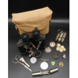 A PAIR OF MILITARY ISSUE BINOCULARS AND A SECOND WORLD WAR SERVICE MEDAL, along with vintage