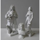 TWO PARION WARE FIGURES OF MOZART AND HANDEL, AND A PARION WARE BUST OF BACH, the figures standing
