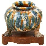 SMALL SANCAI-GLAZED TRIPOD CENSER TANG DYNASTY (618-907) the baluster sides streaked in blue,