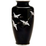 FINE JAPANESE MIDNIGHT BLUE FLYING CRANES CLOISONNE VASE, BY ANDO COMPANY MEIJI PERIOD (1868-1912)