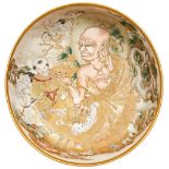 JAPANESE SATSUMA LOW BOWL MEIJI PERIOD (1868-1912) the interior finely painted with an Arhat and