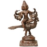 A BRONZE FIGURE OF SKANDA, GOD OF WAR, FIRST BORN SON OF SHIVA, INDIAN, 18TH CENTURY, depicted as