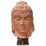 A MOTTLED SANDSTONE HEAD OF THE GUPTA BUDDHA, NORTHERN INDIA, MATHURA, this classic rendition of the