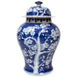 BLUE AND WHITE 'PRUNUS' JAR WITH COVER 20TH CENTURY decorated with flowering prunus branches on a