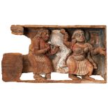 A CARVED WOODEN POLYCHROME PANEL FRAGMENT 18TH / 19TH CENTURY Depicting a Female Dancer and