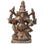 A SMALL INDIAN BRONZE FIGURE OF GANESHA SEATED IN SVASTIKASANA  18TH CENTURY with four arms